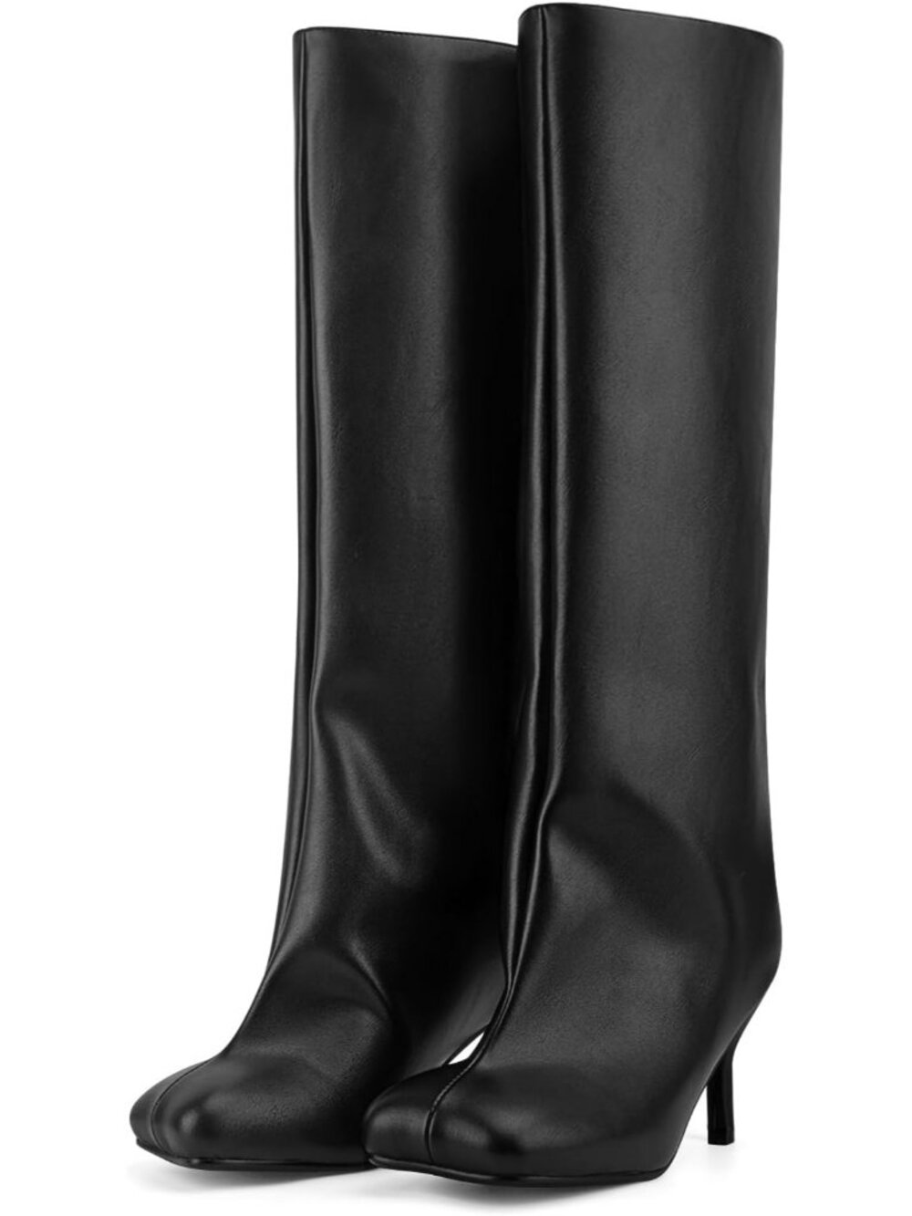 Women's All Black Wide Calf Square Toe Stiletto Heels Tall Knee High Suede Boot